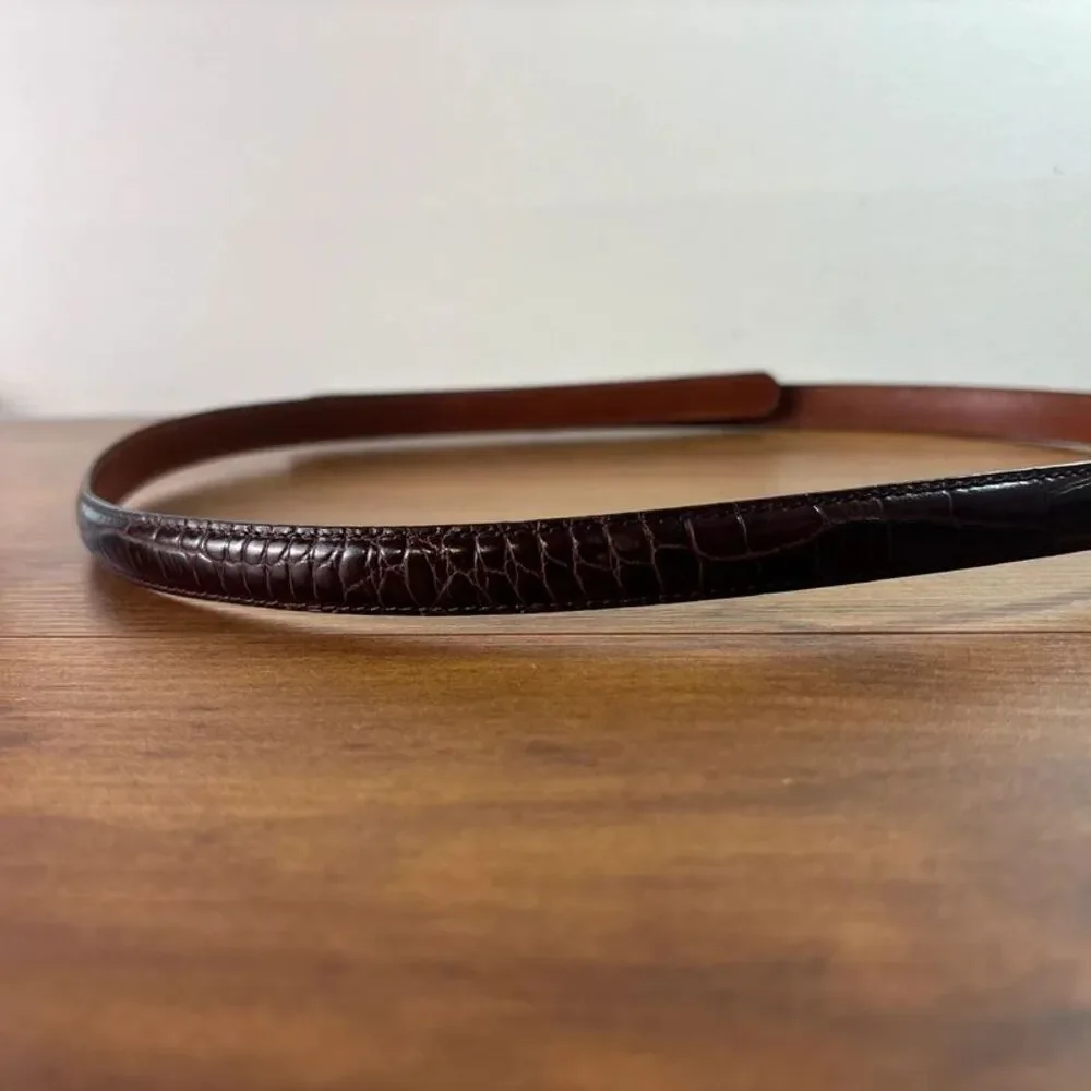 Tanner Italian Leather Crocodile Embossed Slim Cinch Belt Med Brown Adjustable